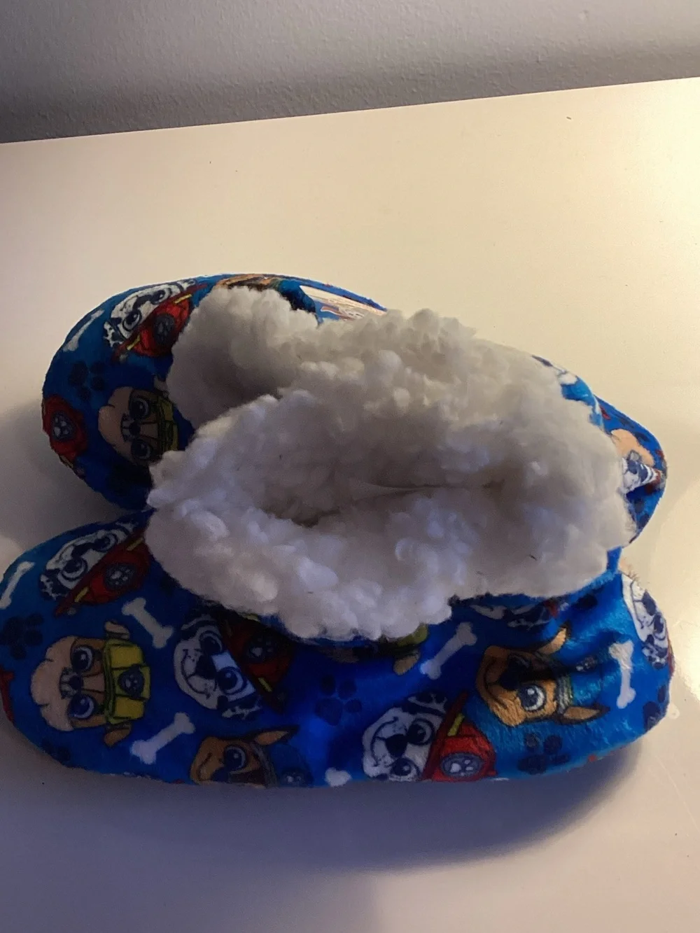 Paw Patrol Blue Plush Kids One-Piece Footie Slippers with White Faux-Fur Cuff